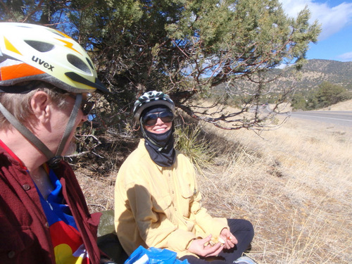 Us, eating lunch, sitting on a thermal blanket.